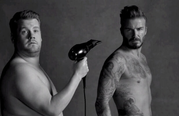 618px x 400px - David Beckham, James Corden Strip for Sensual Underwear Ad ...