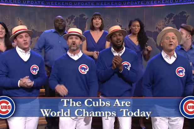 they are singing go cubs go as the Chicago Cubs won 