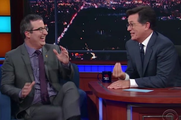 John Oliver and Stephen Colbert Trade Insults Over Wax Presidents (Video)