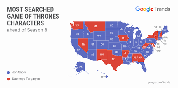 Game of Thrones, most wanted characters by state