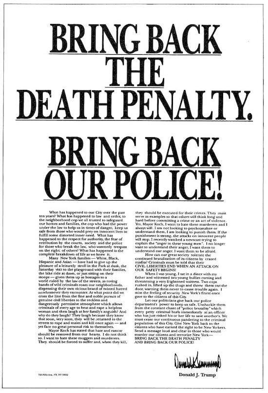 Trump central park five ad