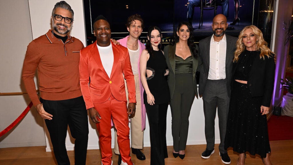 "Schmigadoon!" cast members Jaime Camil, Tituss Burgess, Aaron Tveit, Dove Cameron, Cecily Strong, Keegan-Michael Key and Jane Krakowski (Credit: Eric Charbonneau for Apple TV+)