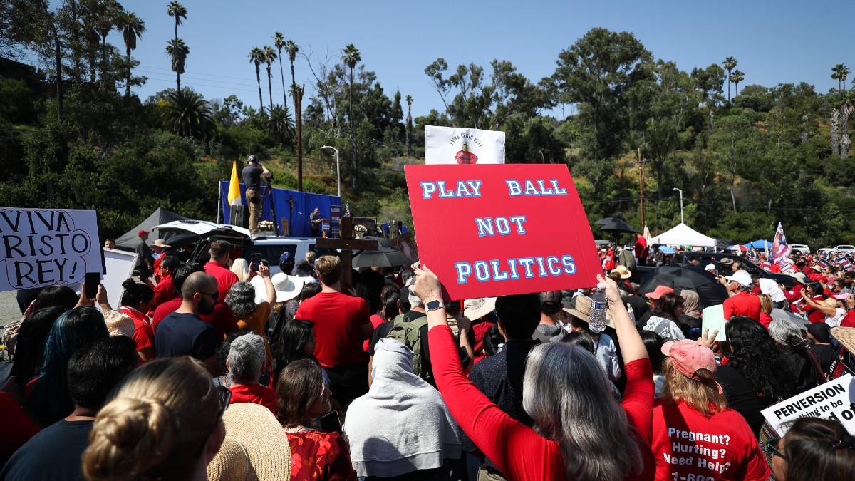 Catholic and other religious protesters gather at Dodger Stadium on Pride  Night