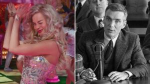 Margot Robbie in :Barbie" (Warner Bros.) and Cillian Murphy in "Oppenheimer" (Universal)