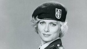 Shelley Smith in "For Love and Honor," a woman with light hair wearing a military uniform